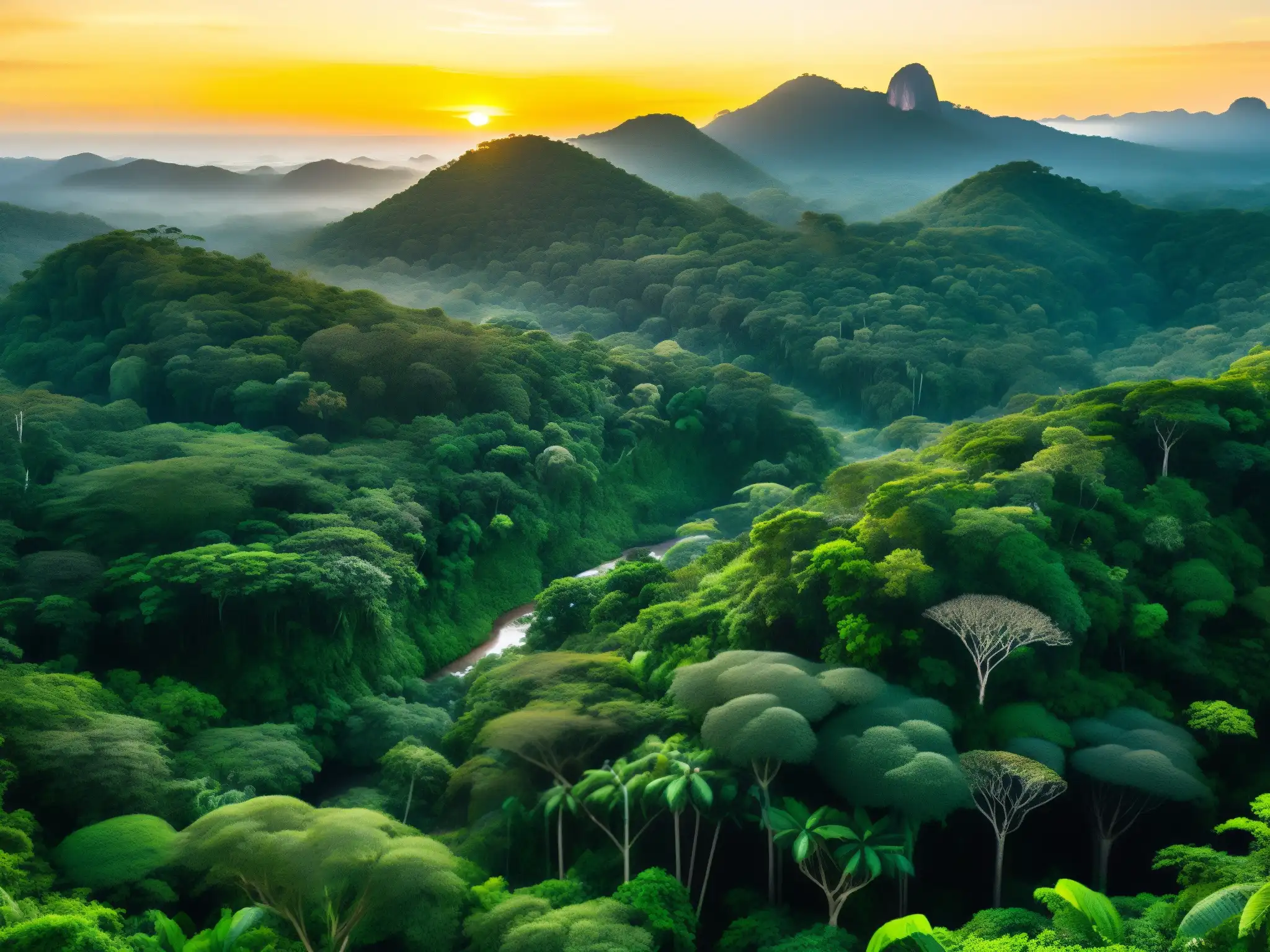 Imagen de la exuberante selva brasileña, con rayos de sol dorado entre la densa vegetación