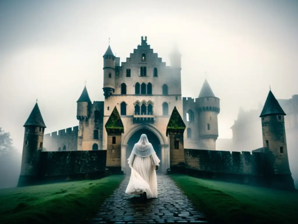 Imagen fantasmal de la Dama Blanca en un castillo antiguo envuelto en niebla, evocando los orígenes históricos de la leyenda urbana