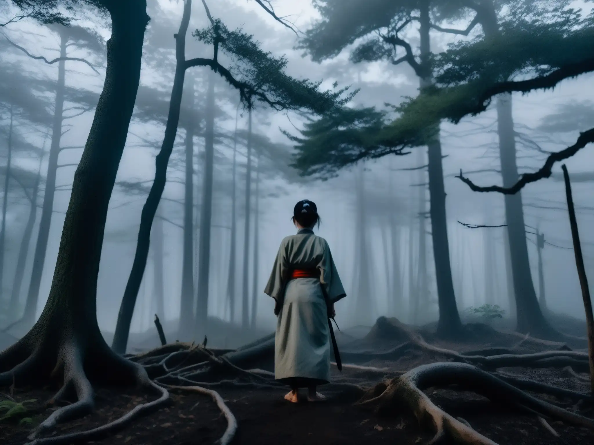 Imagen fantasmal de la Kushisake Onna en un bosque neblinoso al anochecer, impactando la moda y estética japonesa