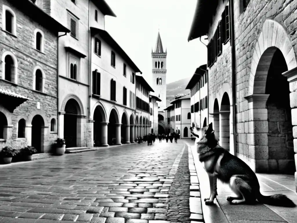 Imagen en gris de Gubbio, Italia, con arquitectura medieval y calles empedradas