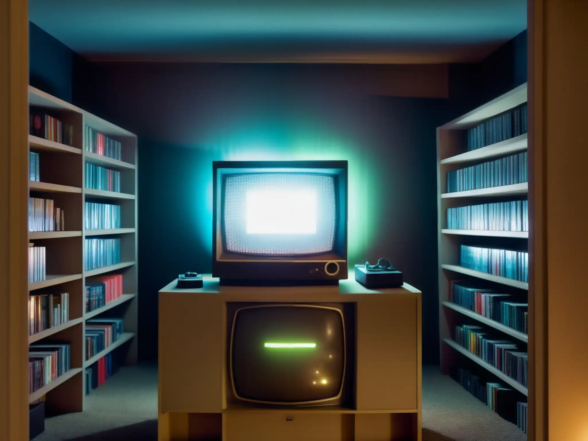 La imagen muestra una habitación tenue con estantes llenos de antiguos cartuchos y consolas de videojuegos