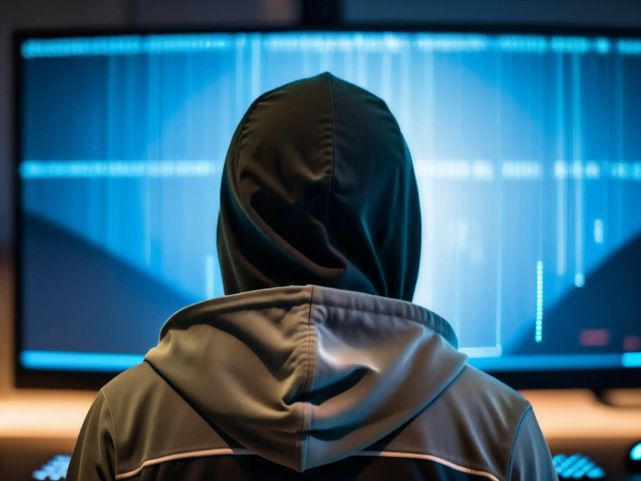 Imagen de un hacker en la penumbra, frente a una pantalla con código, reflejando tensión y determinación