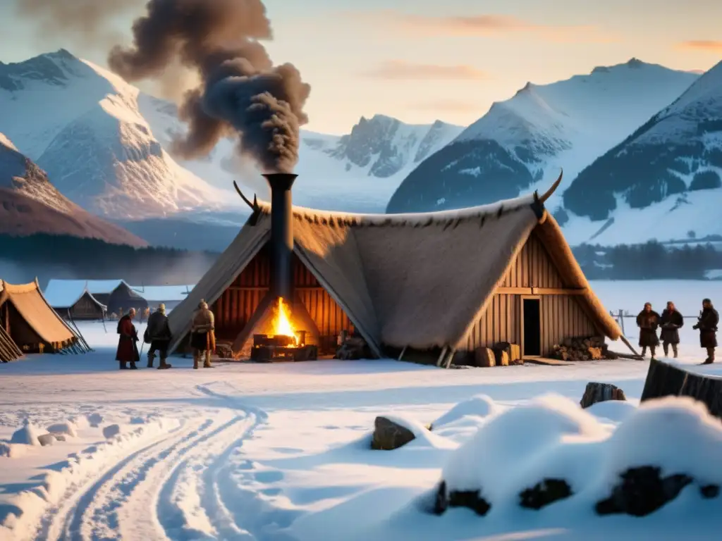 Imagen de un hogar vikingo en la nieve con rituales nórdicos de adivinación y la protección de la diosa Frigg
