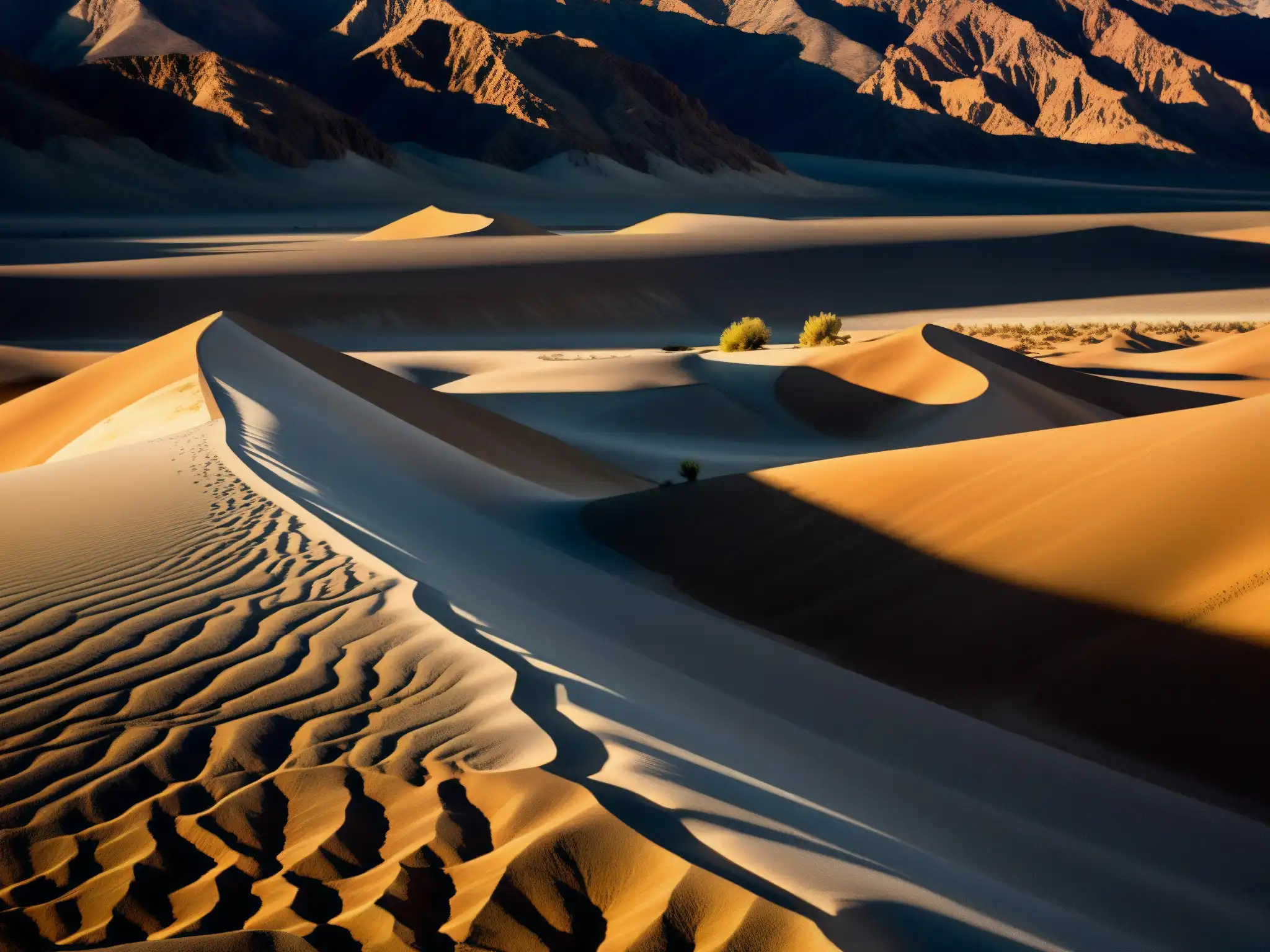 Imagen impactante del árido paisaje de Death Valley, con sombras alargadas bajo el sol