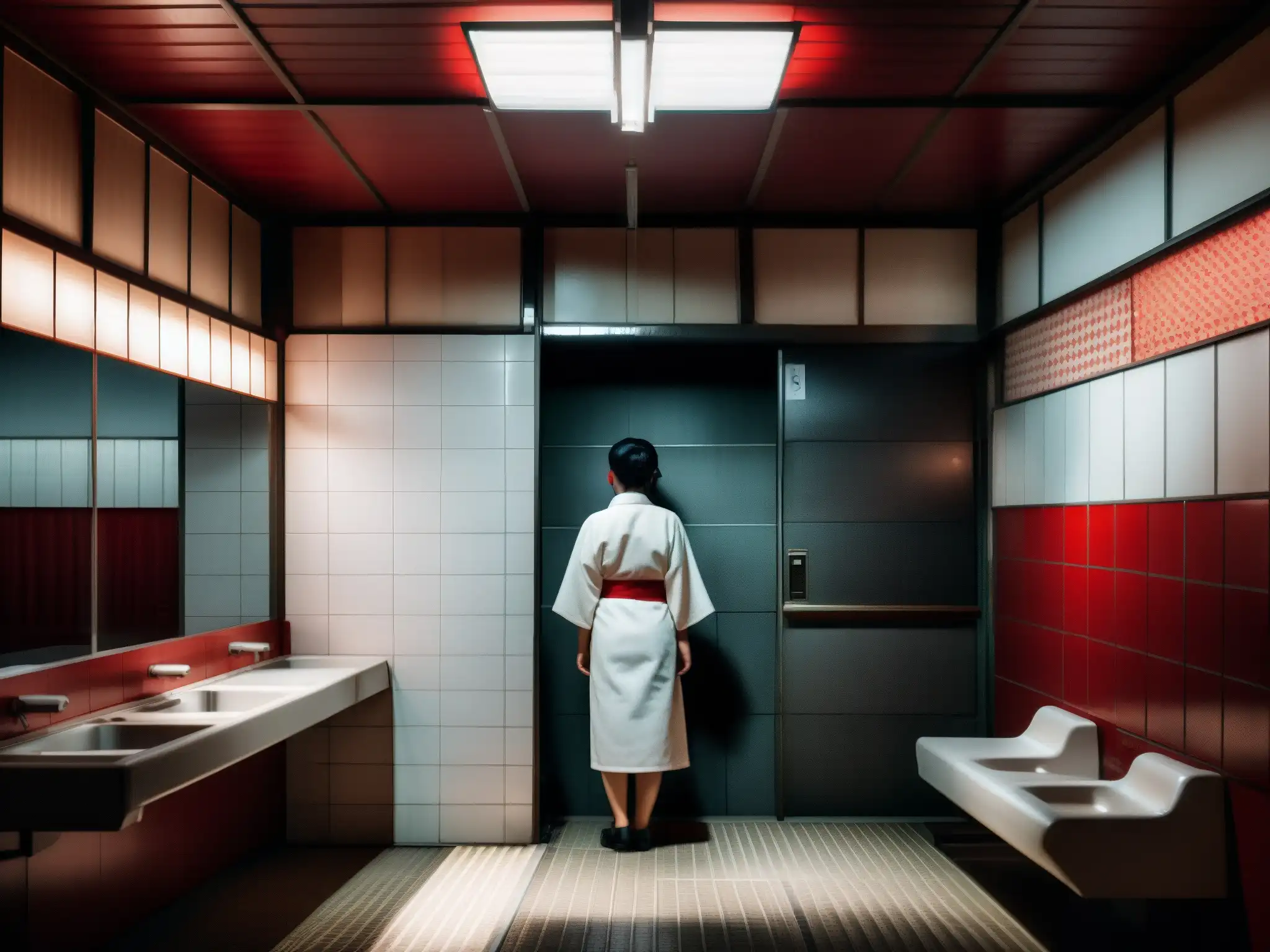 Imagen impactante de un baño público japonés en penumbra, con azulejos rojos y blancos y una figura solitaria, evocando la leyenda urbana de Aka Manto
