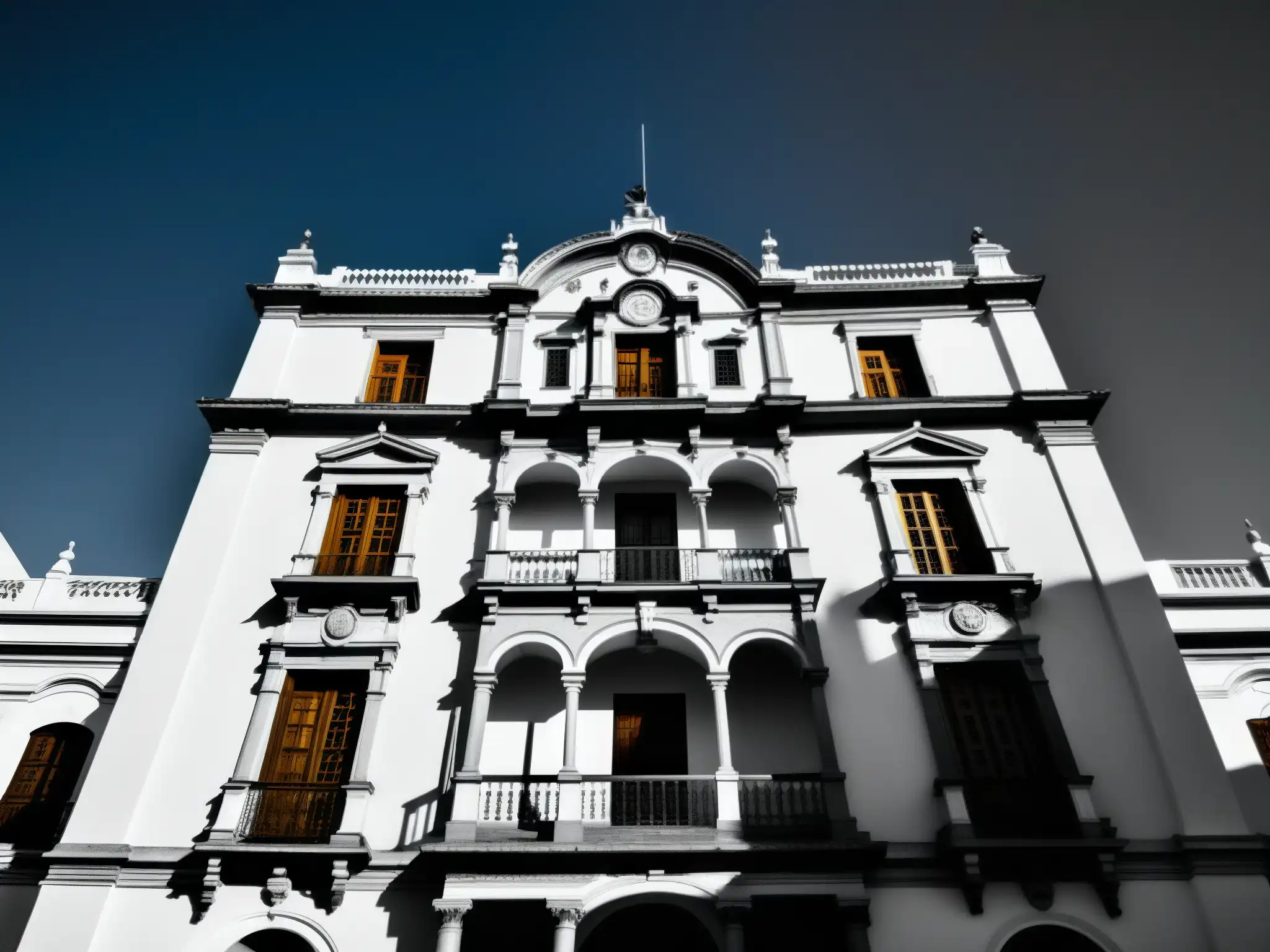 Imagen impactante en blanco y negro de la mansión histórica Zacatecana en Querétaro, destacando su grandiosidad y la leyenda de La Zacatecana