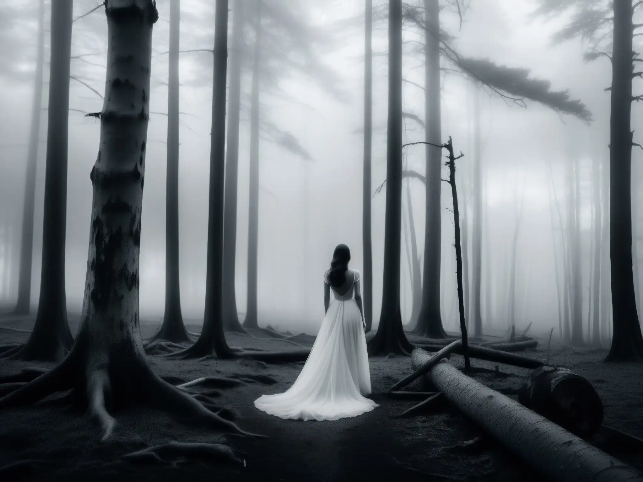 Imagen impactante de un bosque brumoso y desolado al atardecer, con una figura solitaria en un vestido blanco