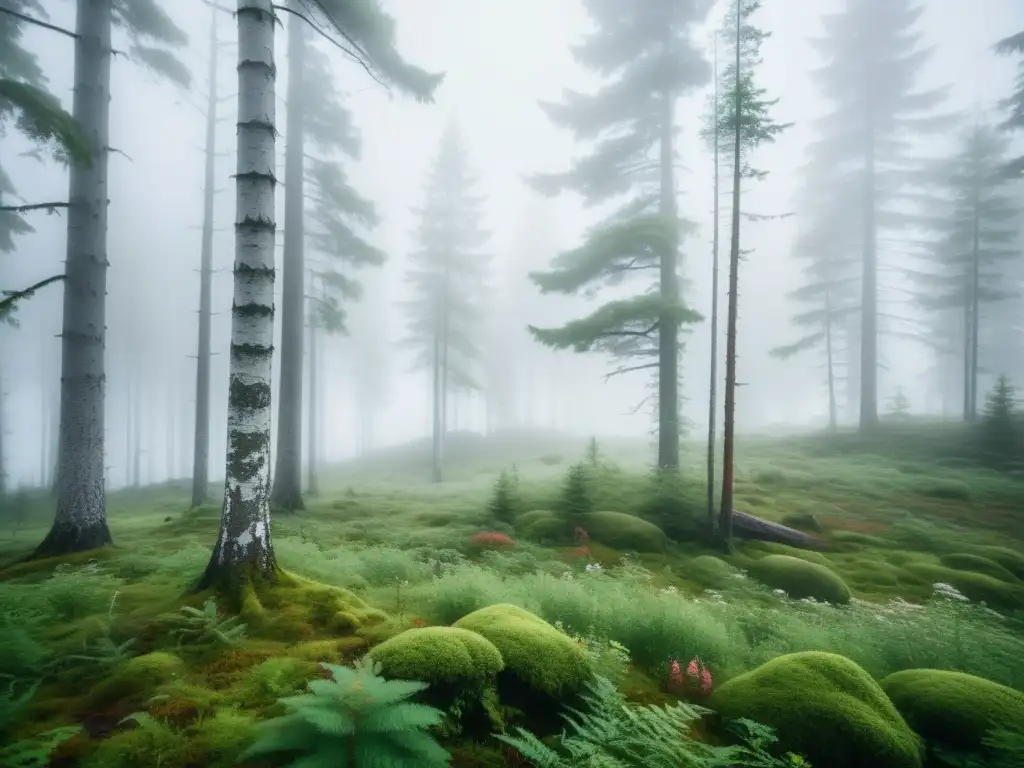 Imagen impactante de un bosque finlandés envuelto en niebla, con árboles altos y antiguos