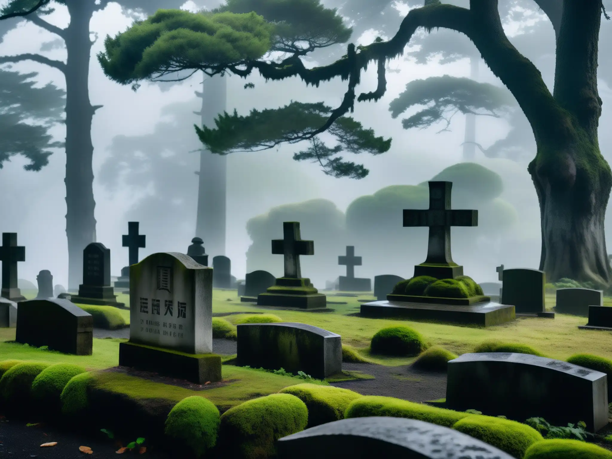 Imagen impactante de un cementerio japonés en la oscuridad, con tumbas cubiertas de musgo y árboles antiguos