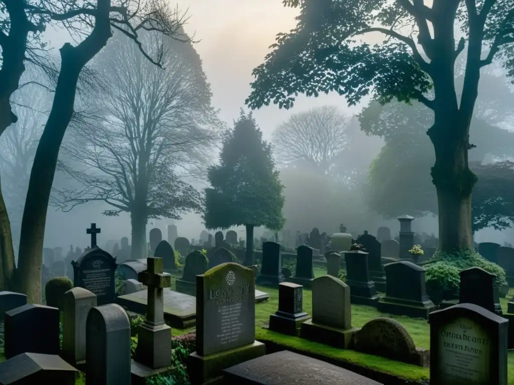 Imagen impactante del Cementerio de Highgate al anochecer, con niebla entre tumbas y mausoleos góticos