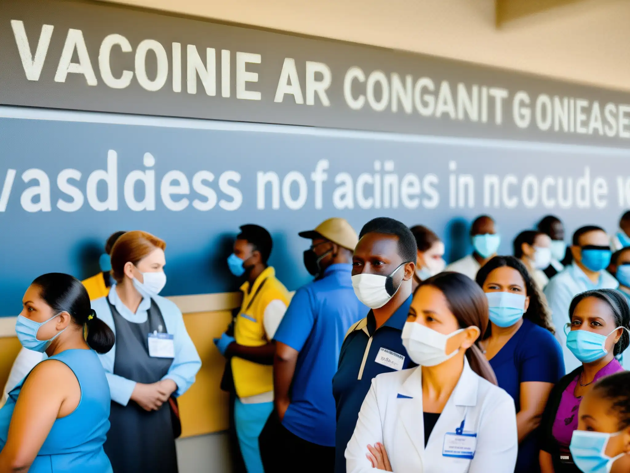 Imagen impactante de un centro de vacunación abarrotado con personas de diversas edades y orígenes étnicos esperando para recibir sus vacunas