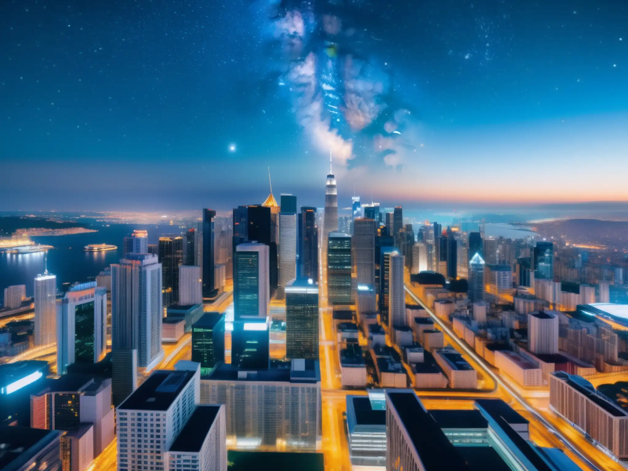 Imagen impactante de una ciudad moderna de noche, con rascacielos iluminados y un cielo estrellado