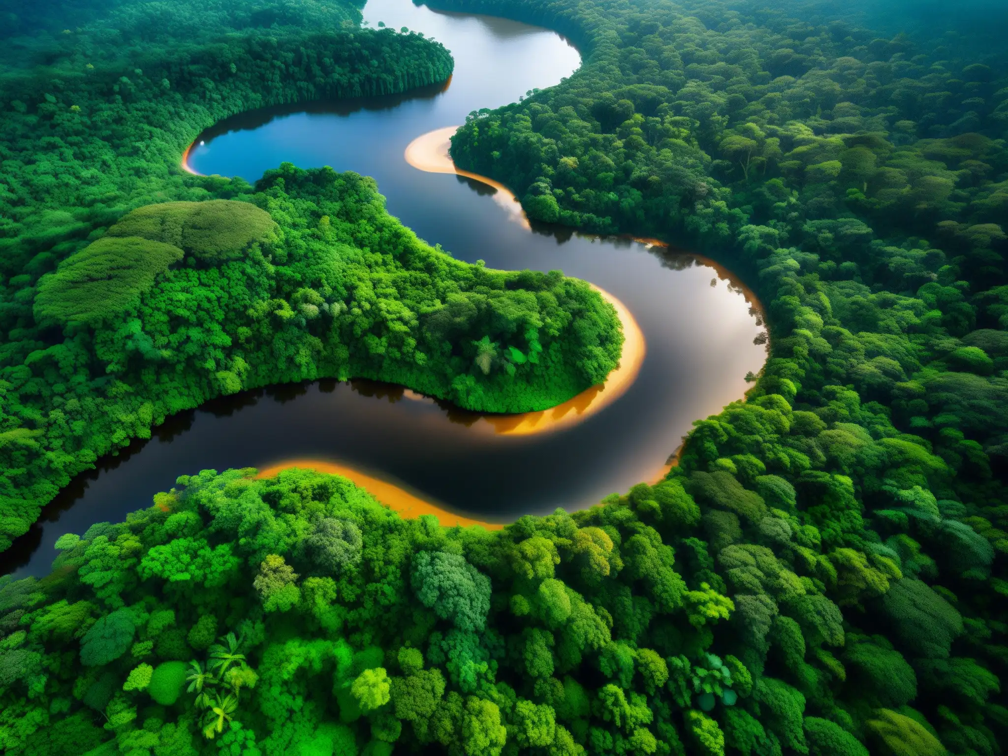 Imagen impactante del denso Amazonas con un río serpenteante, filtrándose la luz entre el dosel y creando sombras dramáticas en el suelo del bosque