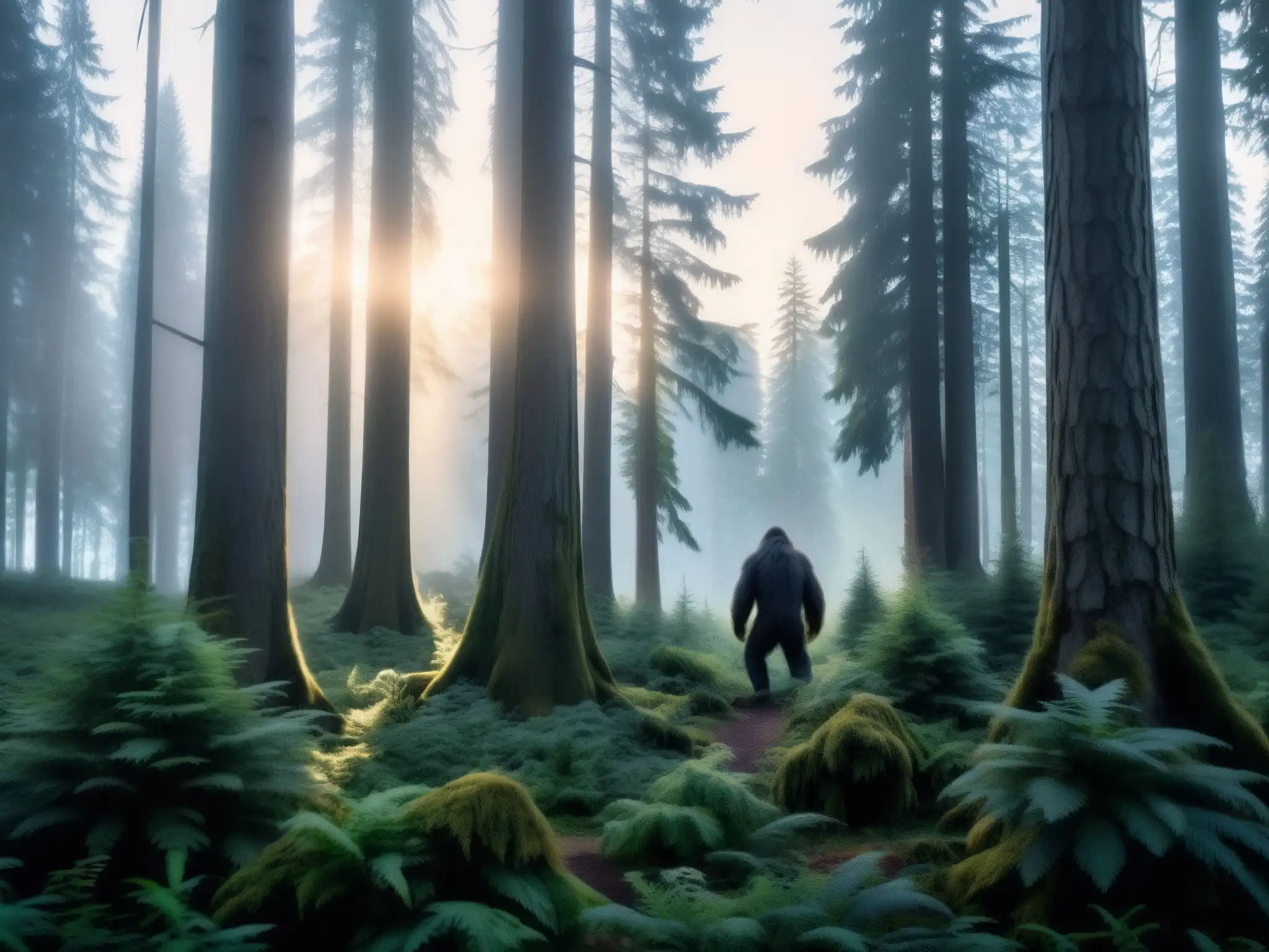 Imagen impactante de un denso bosque al anochecer con una figura misteriosa entre los árboles, evocando el mito del Bigfoot desenmascarado