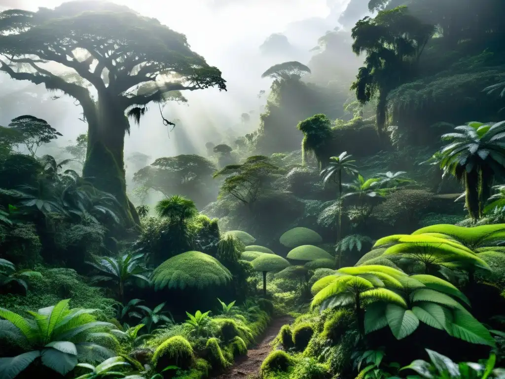Imagen impactante de un exuberante bosque ugandés con criaturas míticas fauna Uganda, envuelto en niebla y misterio
