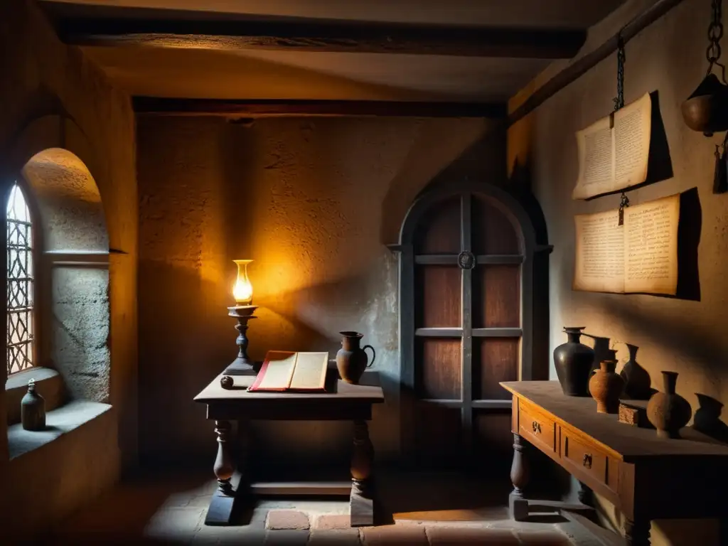 Imagen impactante de una habitación atmosférica en un edificio antiguo español, con reliquias y documentos de la Inquisición española