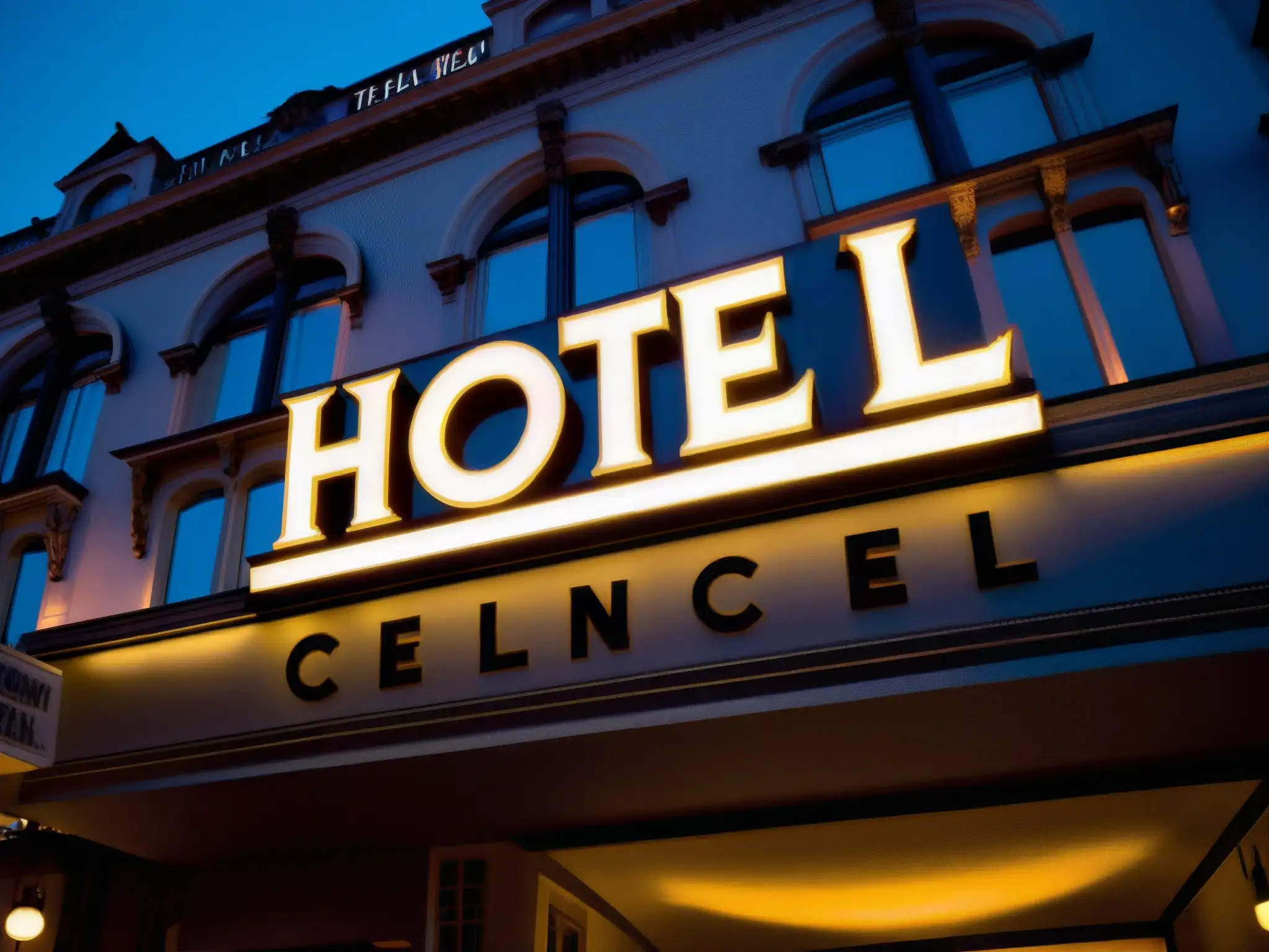 Imagen impactante del Hotel Cecil al anochecer, evocando su historia siniestra con una atmósfera misteriosa y sobrecogedora