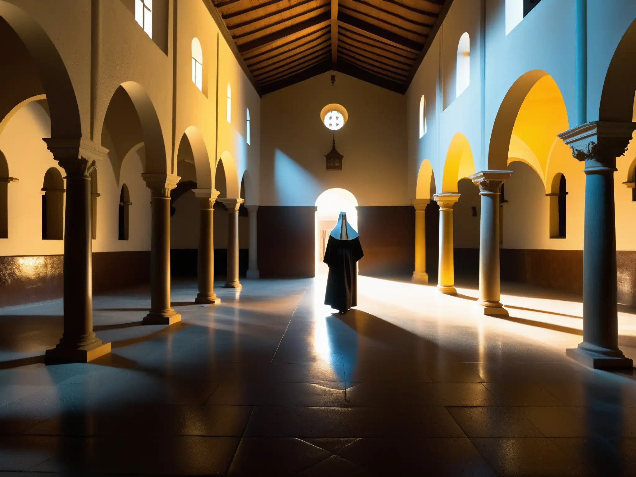Imagen impactante del interior del Convento de la Concepción, resaltando la atmósfera misteriosa y la arquitectura histórica