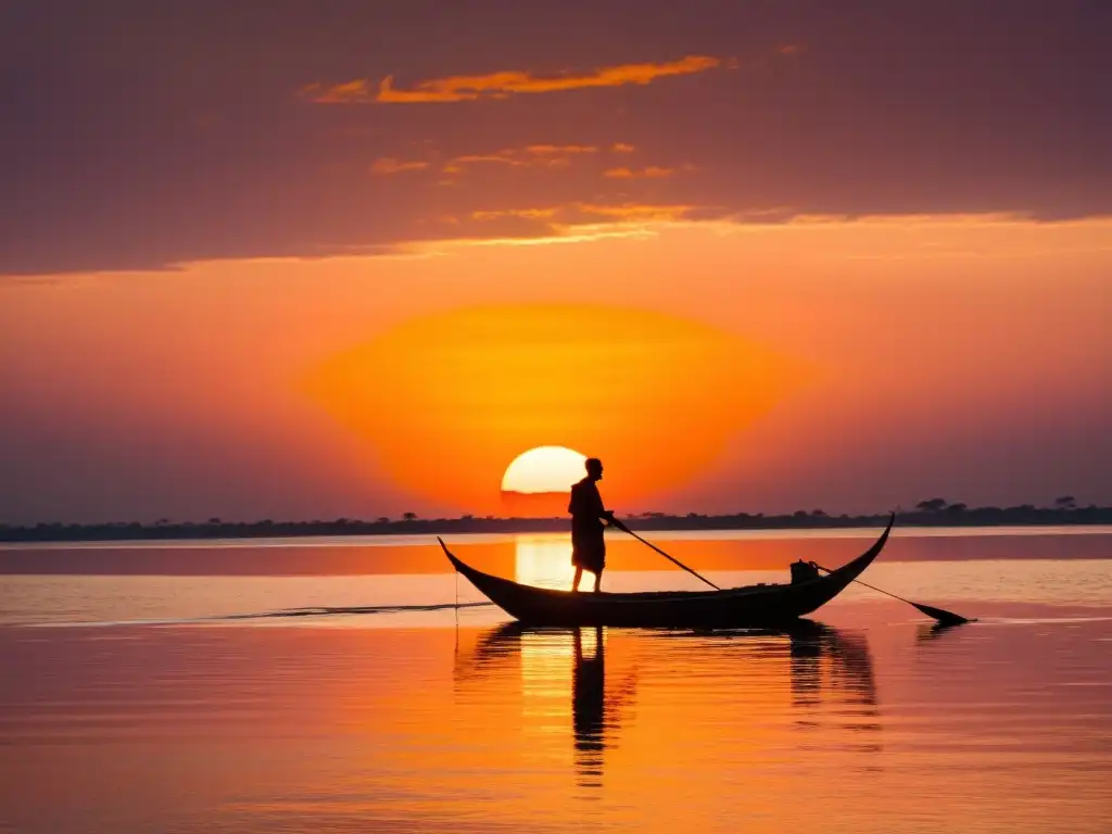 Imagen impactante del lago Victoria al atardecer, con un pescador solitario en barco tradicional, evocando el origen del mito Nyamgondho