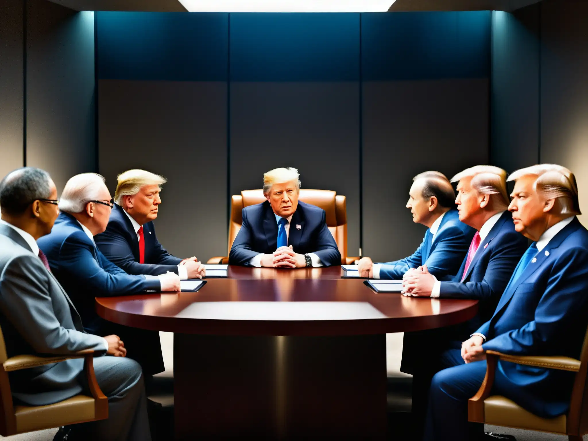 Imagen impactante de líderes mundiales en una reunión histórica, simbolizando el poder y el análisis del Nuevo Orden Mundial