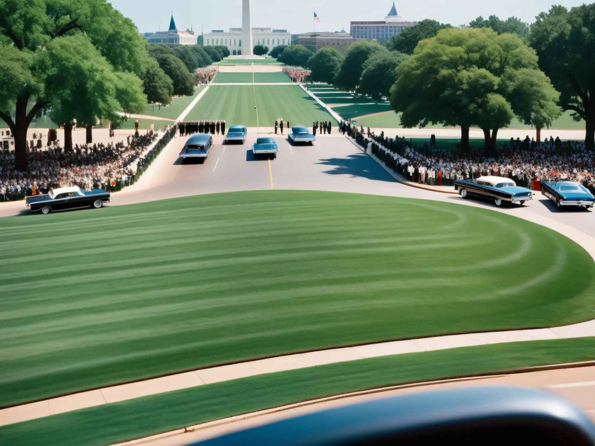 Imagen impactante del lugar del asesinato de JFK en Dallas, con multitud y motorcade, evocando intriga y misterio