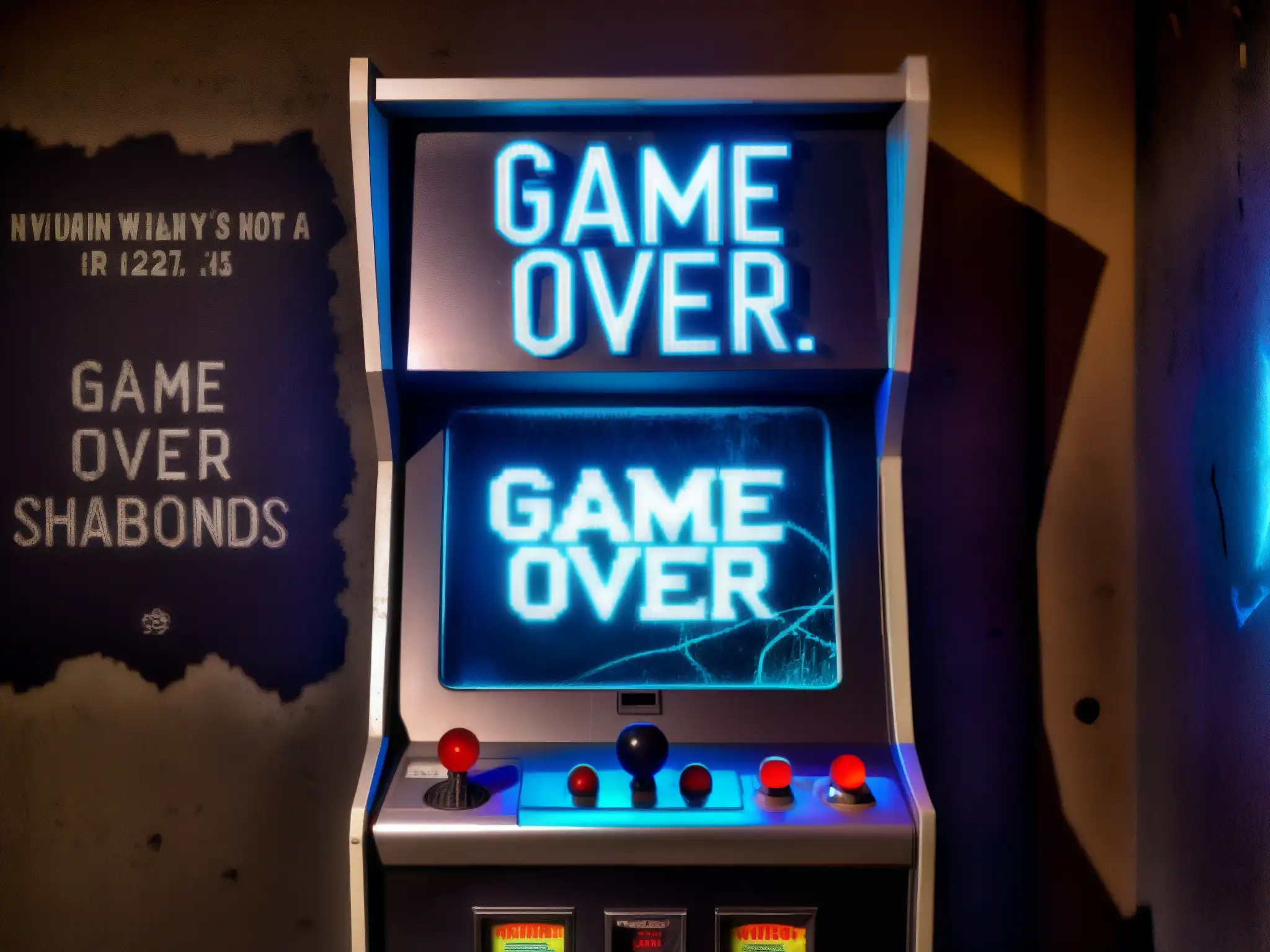 Imagen impactante de una máquina de arcade abandonada, cubierta de polvo y telarañas, con un inquietante mensaje 'Game Over' en la pantalla