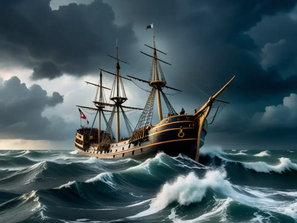 Imagen impactante de un mar tormentoso con nubes ominosas y un naufragio parcialmente sumergido, evocando la desaparición de la flota Marina Templaria