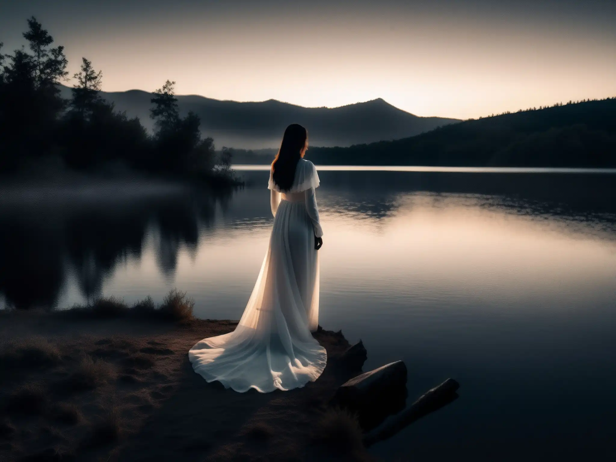 Imagen impactante del misterio de la Llorona en un lago brumoso al anochecer, con una figura sombría y el perfil de una mujer en vestido blanco