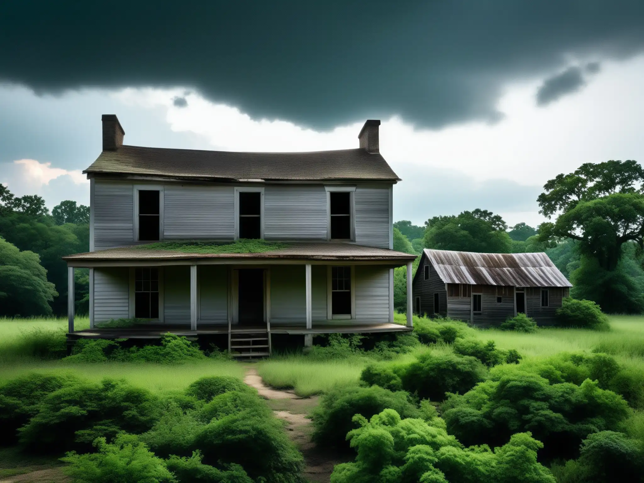 Imagen impactante de la misteriosa desaparición de la colonia Roanoke, con vegetación sobrepasando las estructuras y un aire de misterio