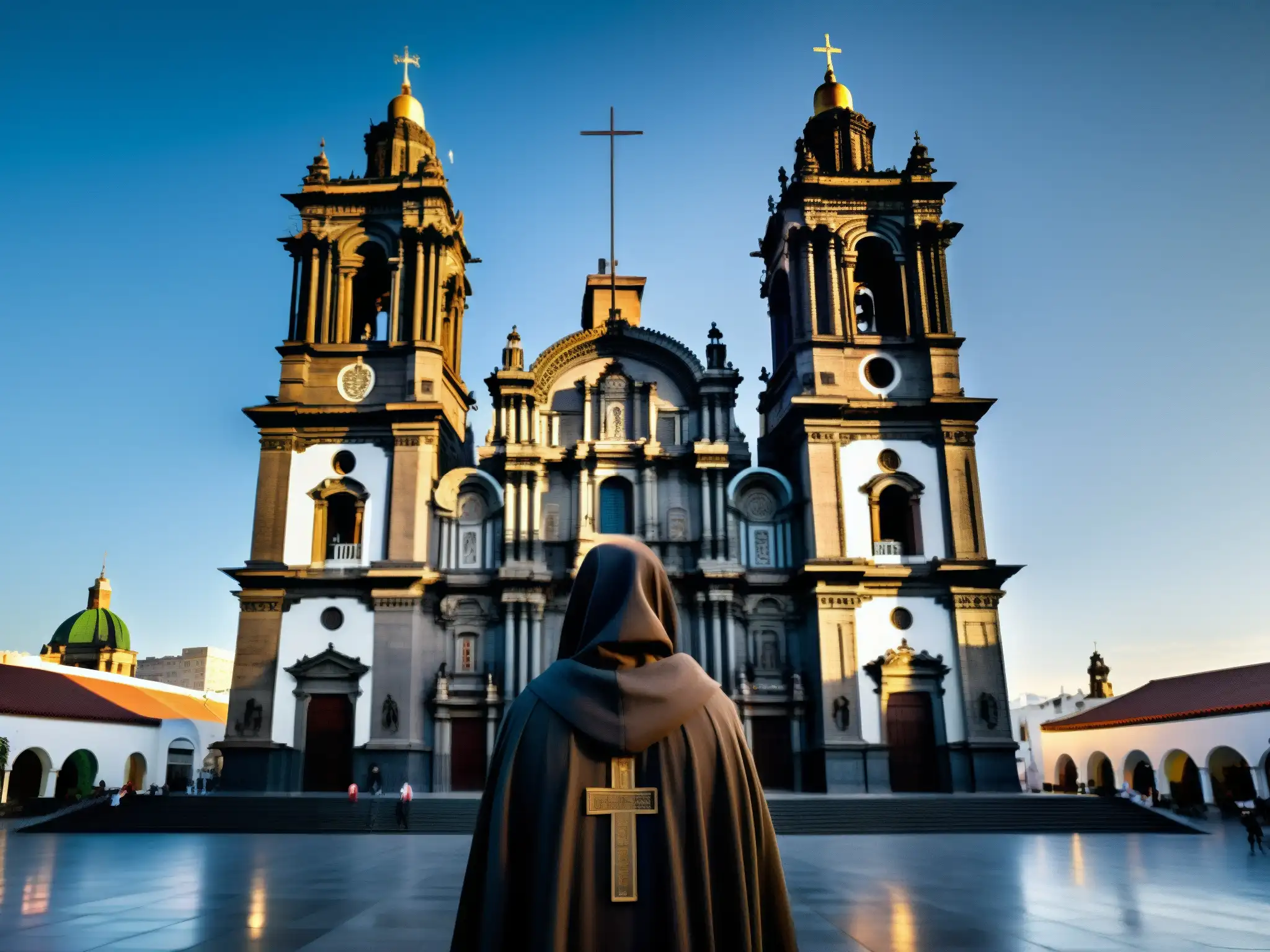 Imagen impactante del Monje de la Catedral en la Ciudad de México, destacando la imponente catedral y la misteriosa silueta del monje