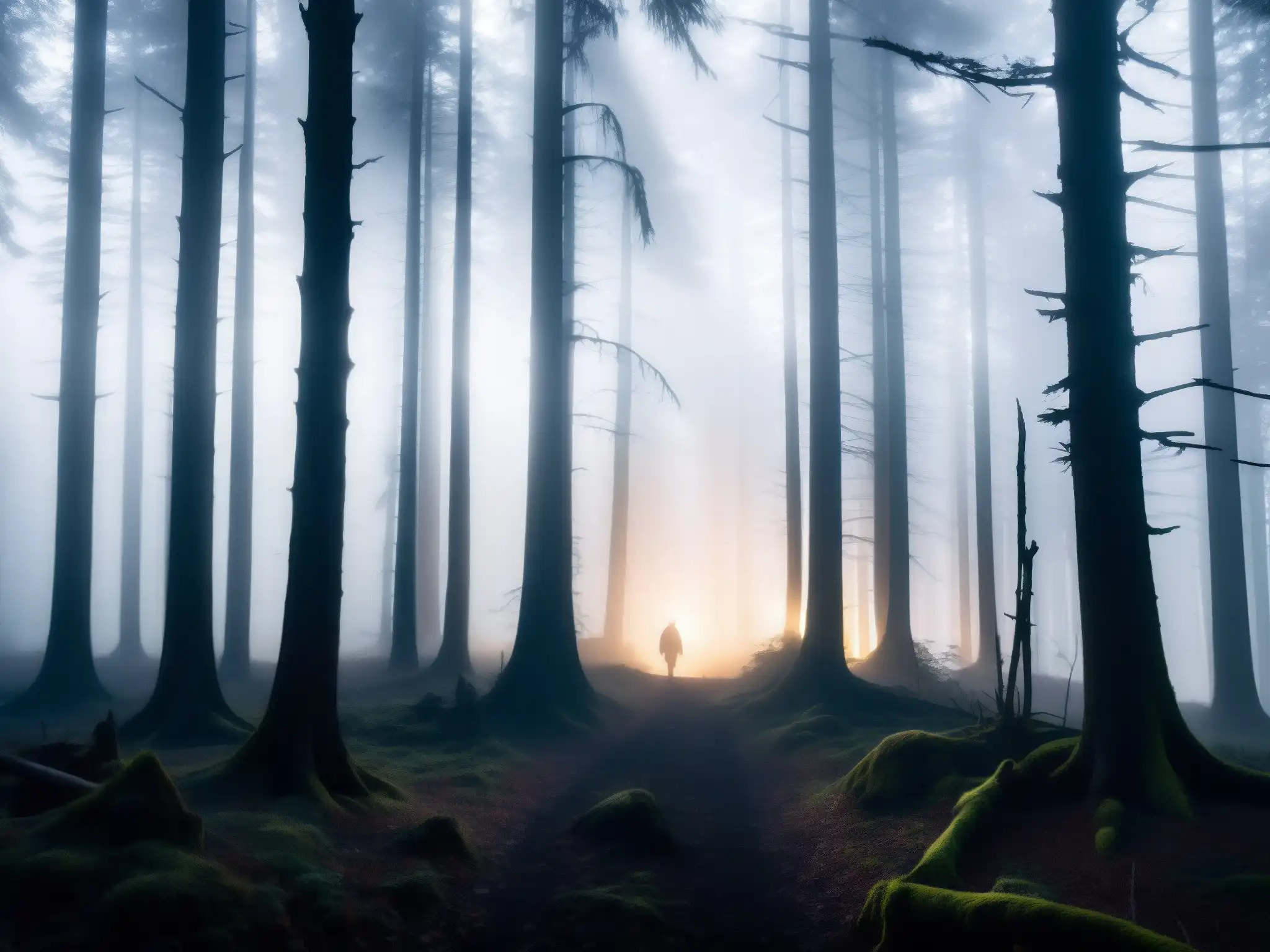 Imagen impactante del bosque en la noche, con neblina y una criatura misteriosa