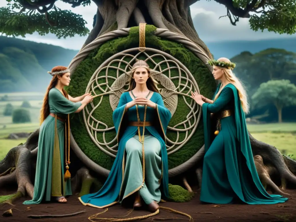 Imagen impactante de las Nornas tejiendo destinos en Yggdrasil, evocando la misteriosa atmósfera de la mitología nórdica de destino y libre albedrío