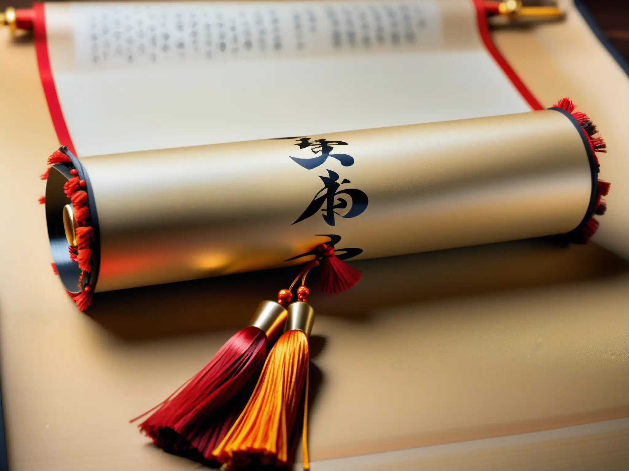 Imagen impactante de un ofuda japonés tradicional con caligrafía, tassels rojos y dorados