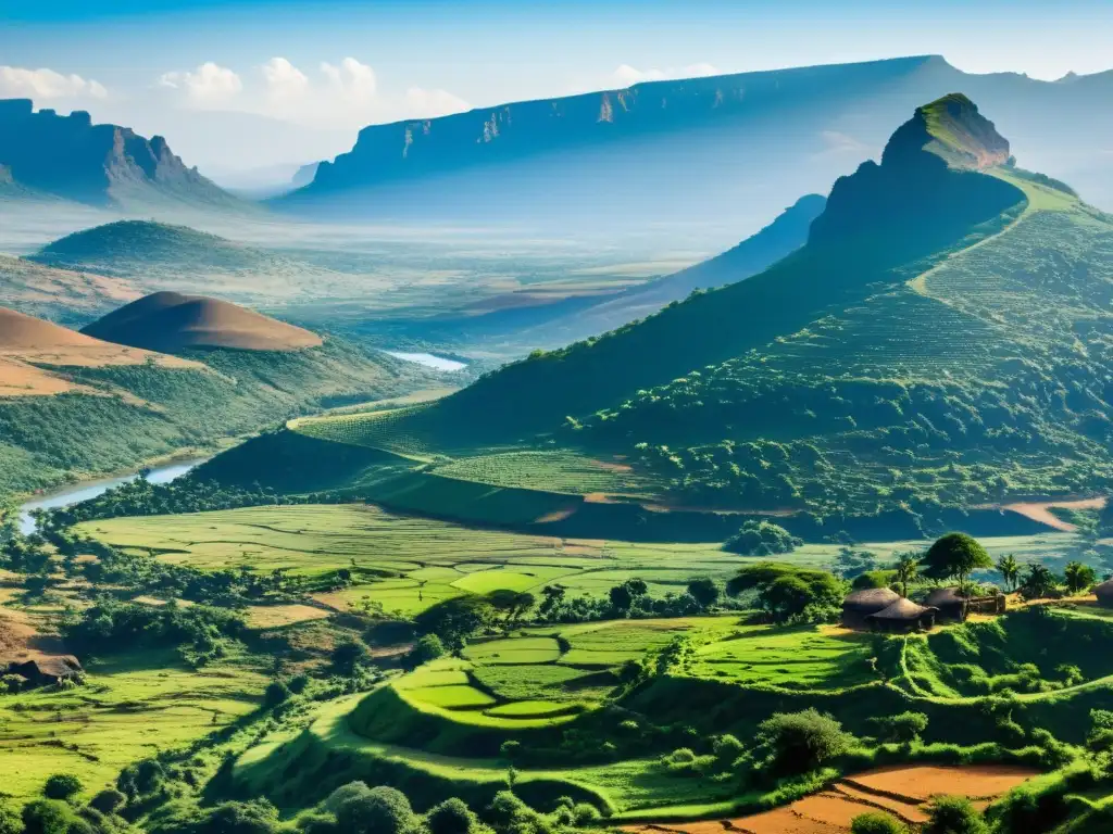 Imagen impactante del paisaje etíope con colinas, un río serpenteante y una aldea tradicional