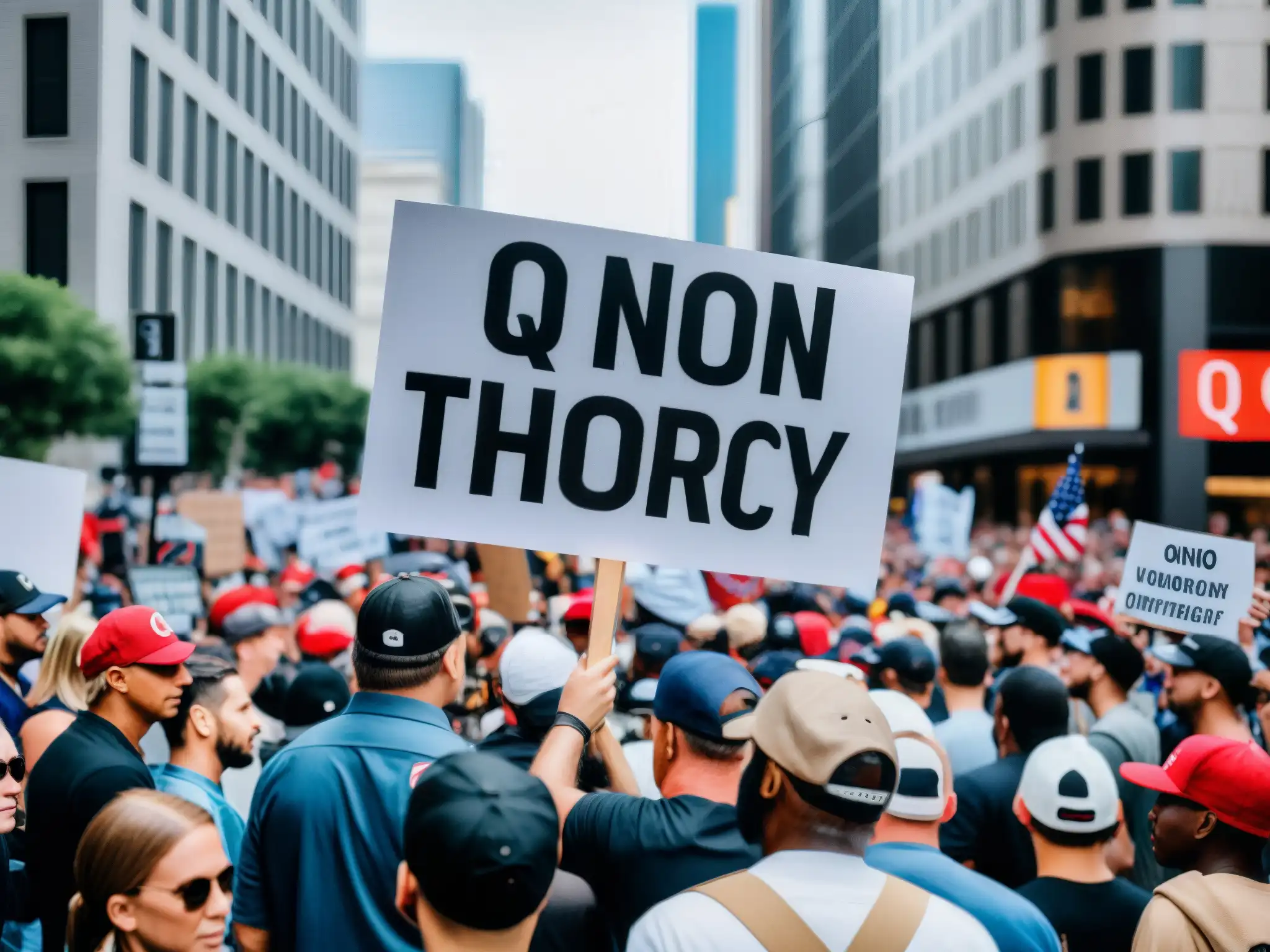 Imagen impactante de una protesta callejera con manifestantes sosteniendo pancartas y consignas relacionadas con el fenómeno QAnon