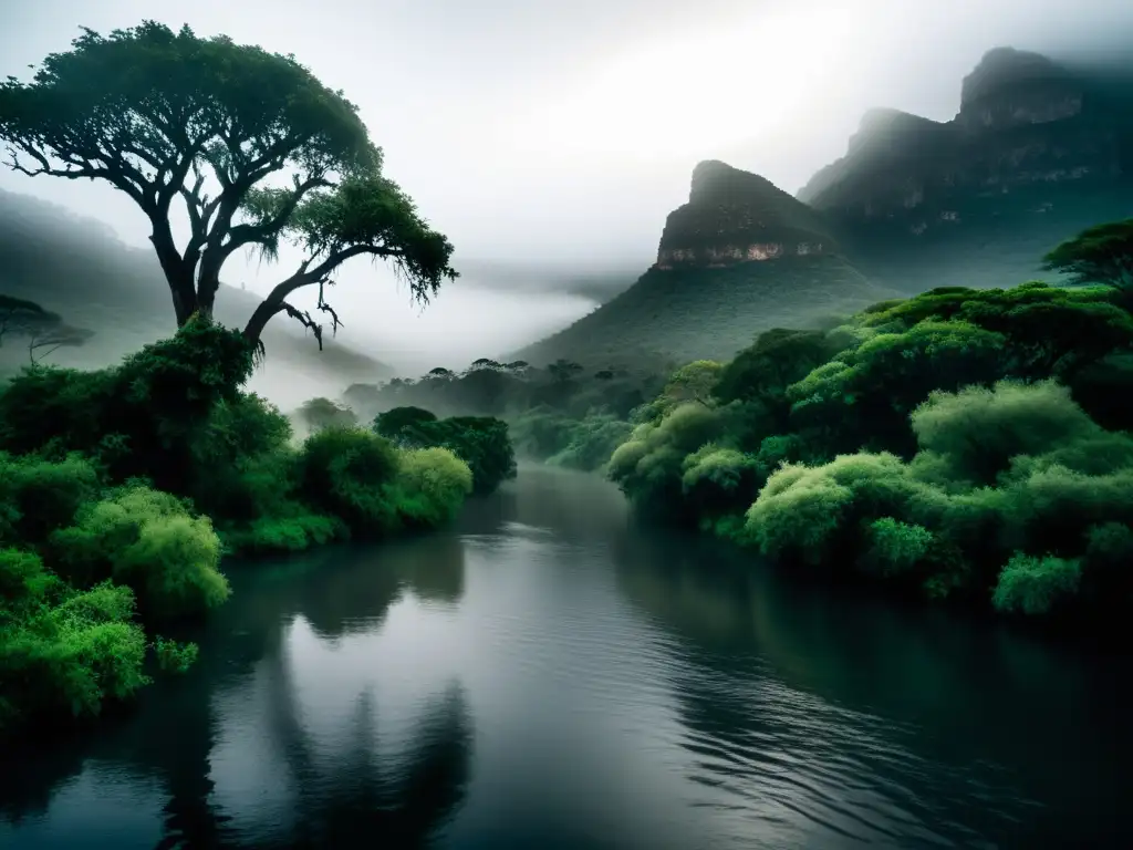 Imagen impactante de un río en Sudáfrica o Tanzania, envuelto en niebla y vegetación exuberante, evocando la leyenda de Mamlambo, la diosa del río