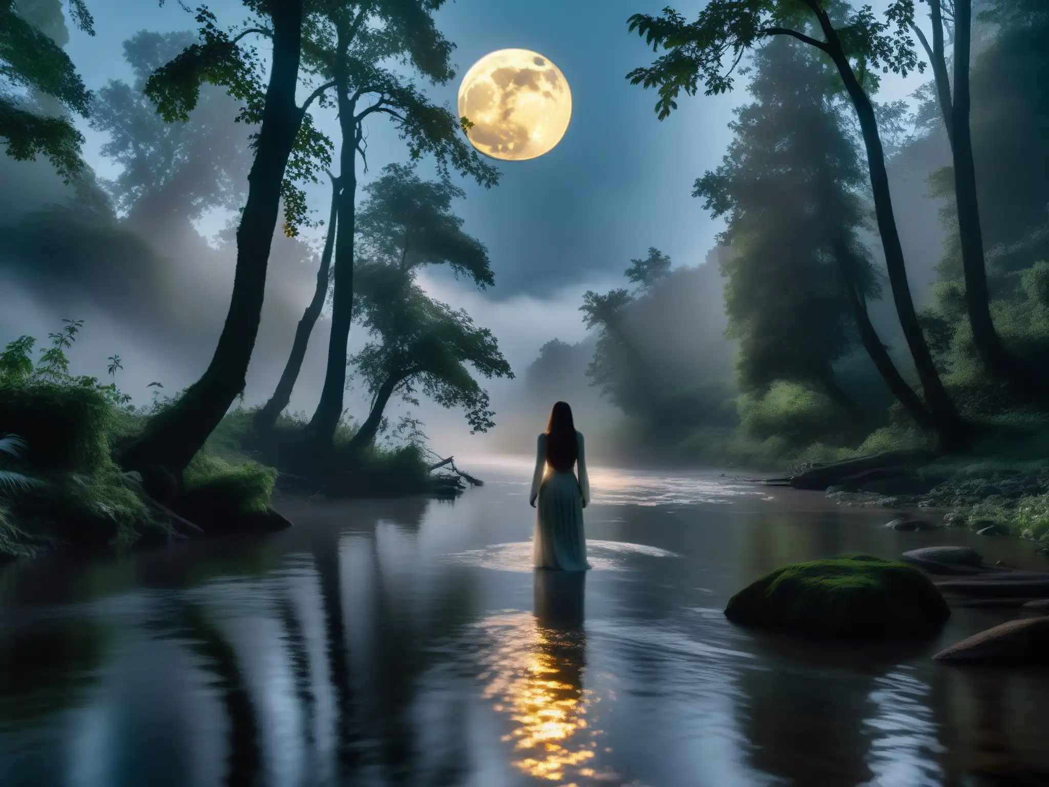 Imagen impactante de un río iluminado por la luna en un denso bosque, con una figura fantasmal en la orilla, evocando la leyenda de La Llorona