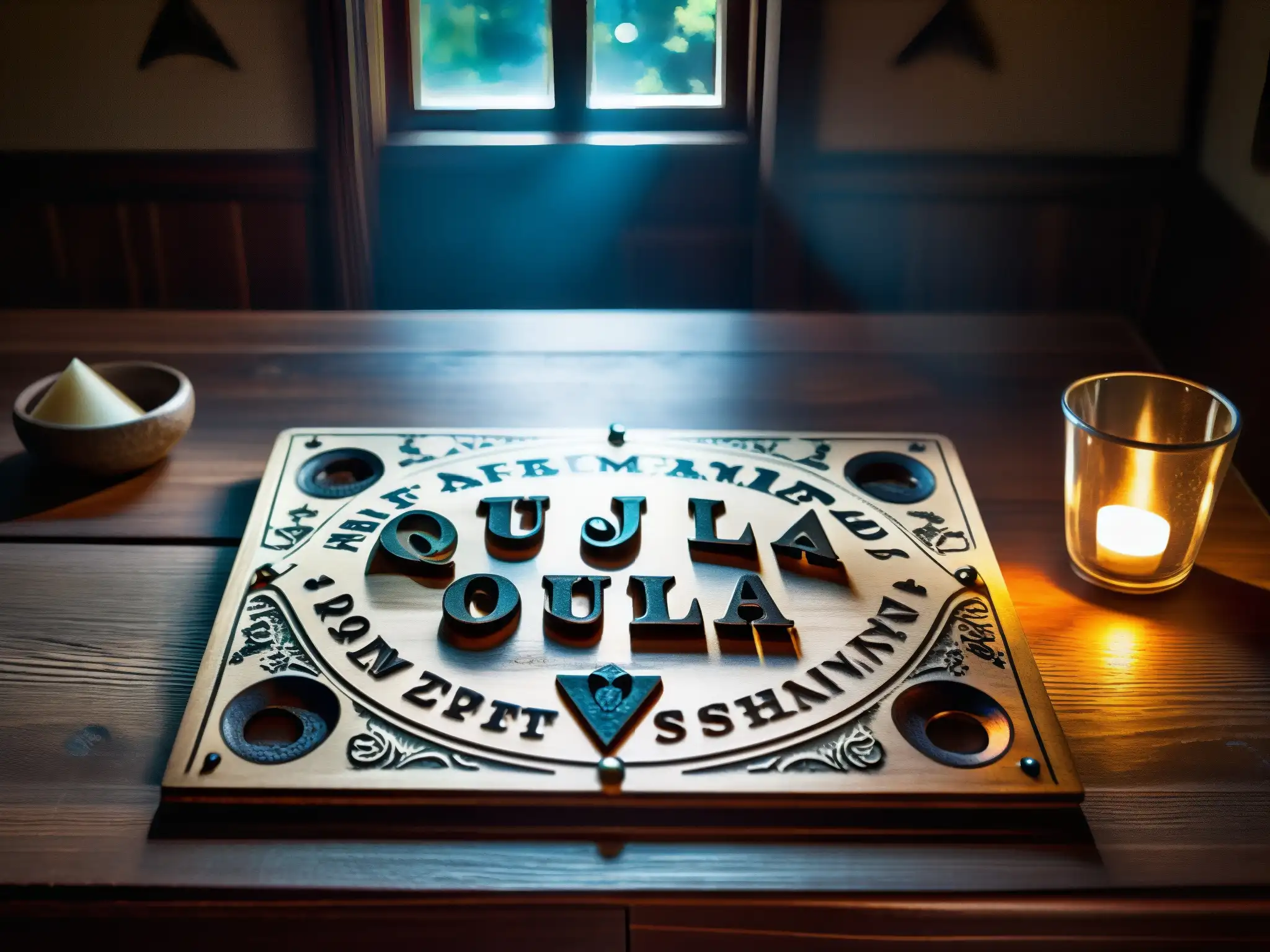 Imagen impactante de una sala tenue con una tabla Ouija vintage en una mesa de madera