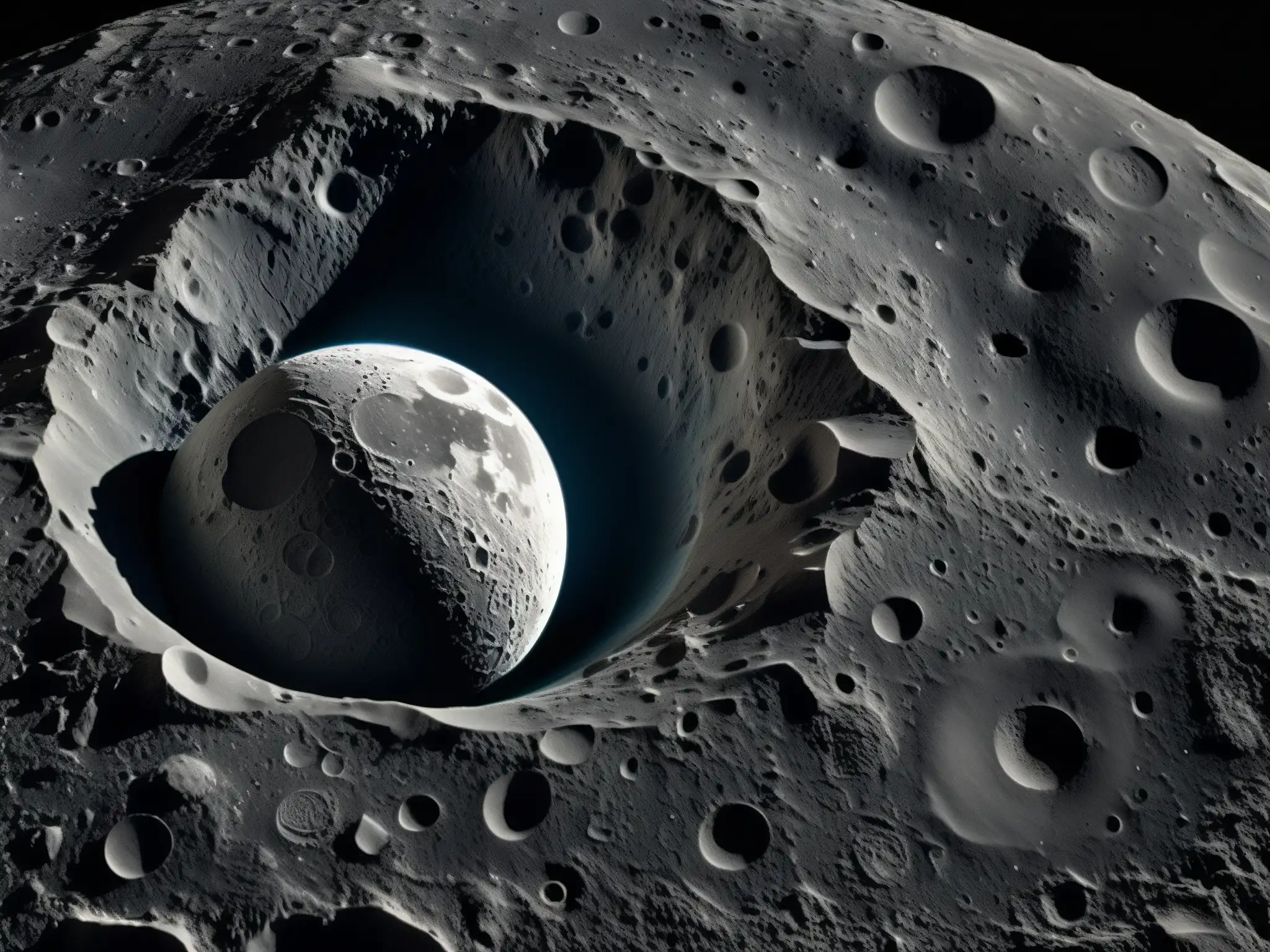 Imagen impactante de la superficie lunar, con cráteres detallados y paisaje misterioso, evocando la veracidad alunizajes mitos urbanos