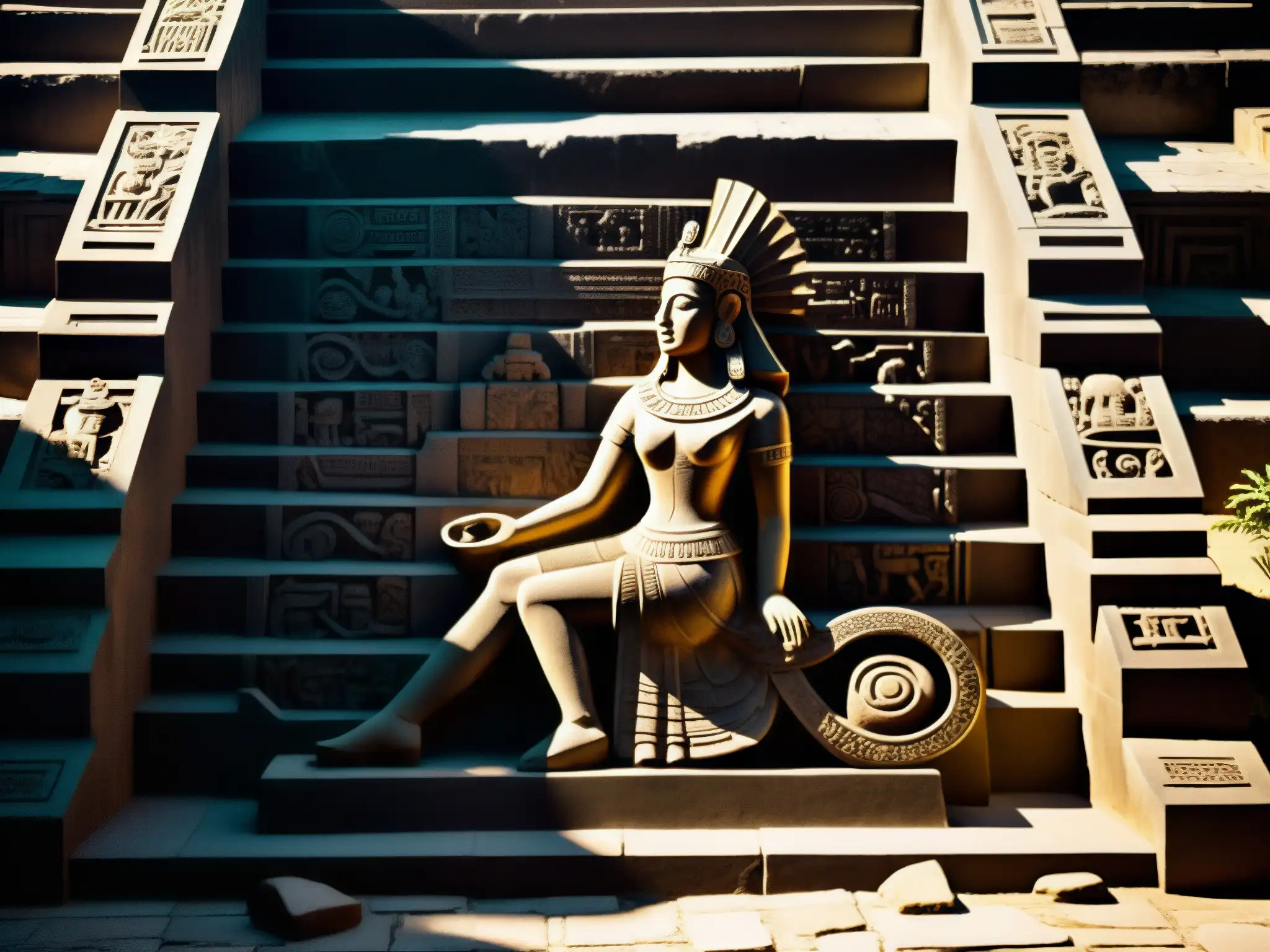 Imagen impactante del Templo Mayor en Ciudad de México, con sombras dramáticas y la diosa Coatlicue en primer plano