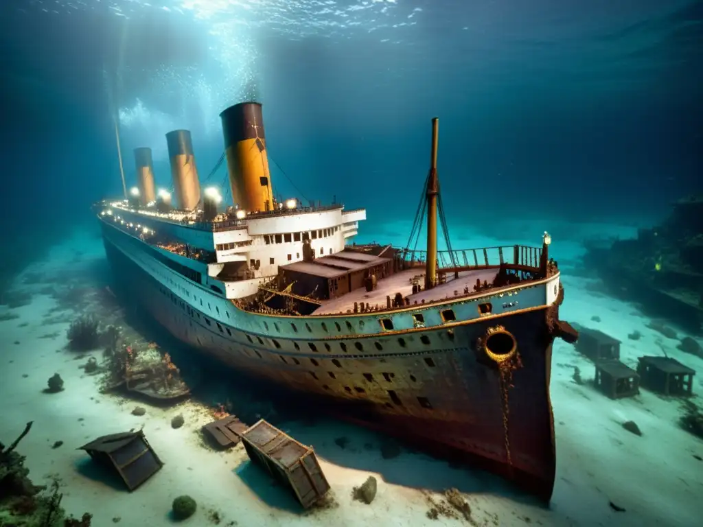 Imagen impactante del Titanic en el fondo marino, con iluminación etérea que resalta su belleza trágica