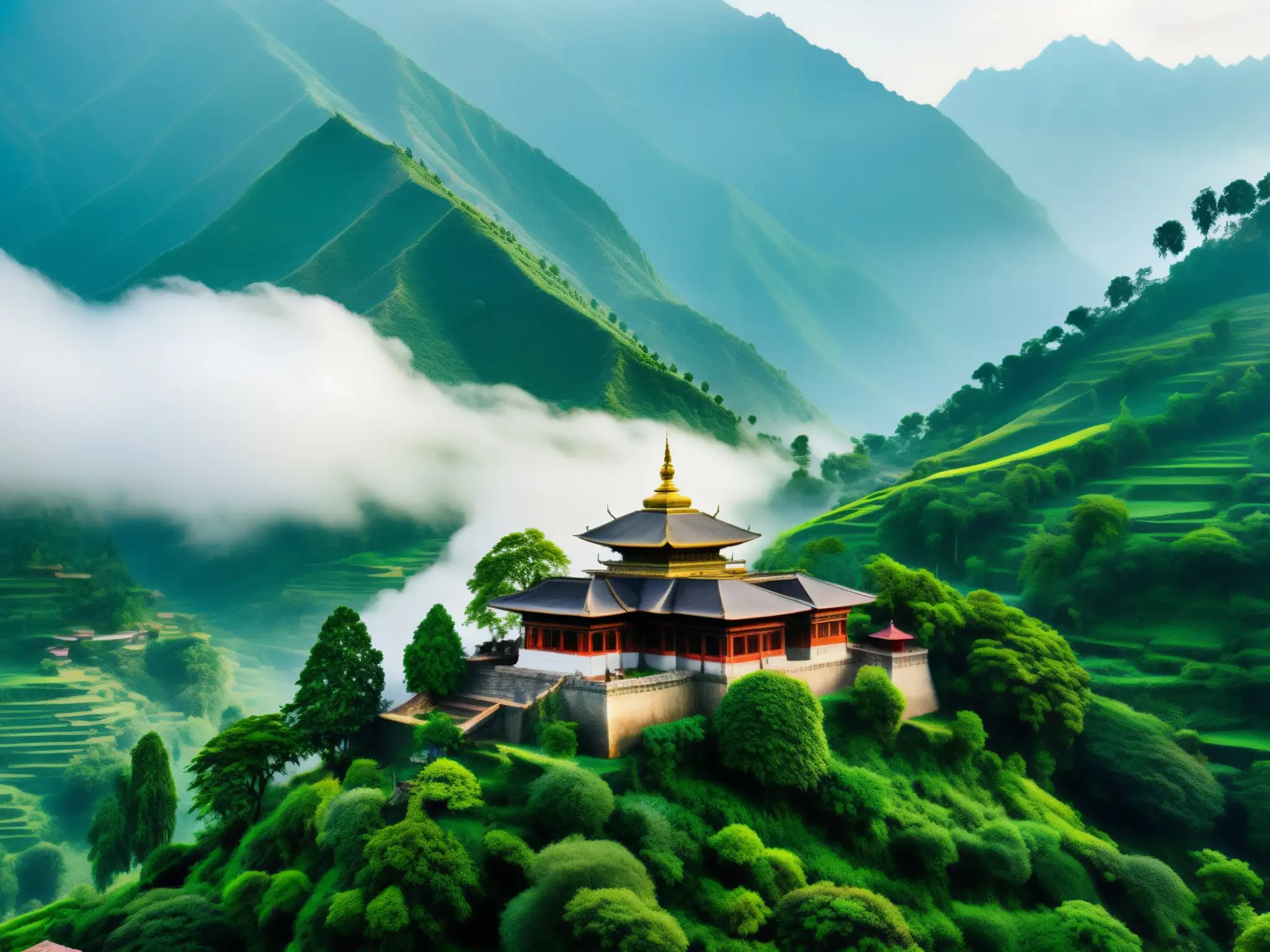 Imagen impactante del Valle de los Inmortales en India, con exuberante paisaje montañoso, neblina y templo antiguo