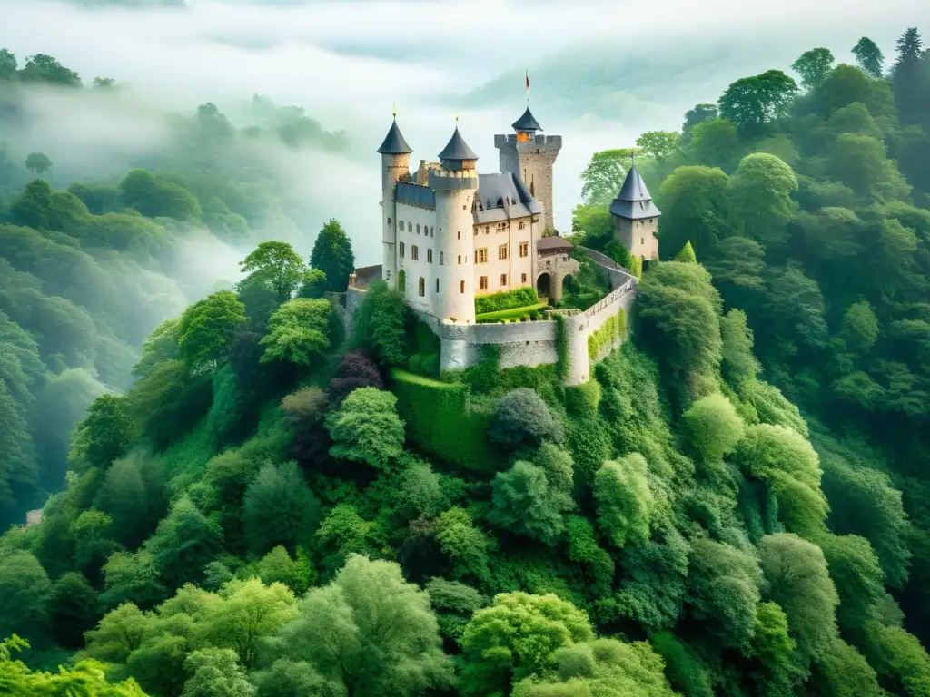 Imagen impresionante de un castillo en un bosque europeo, envuelto en neblina matutina