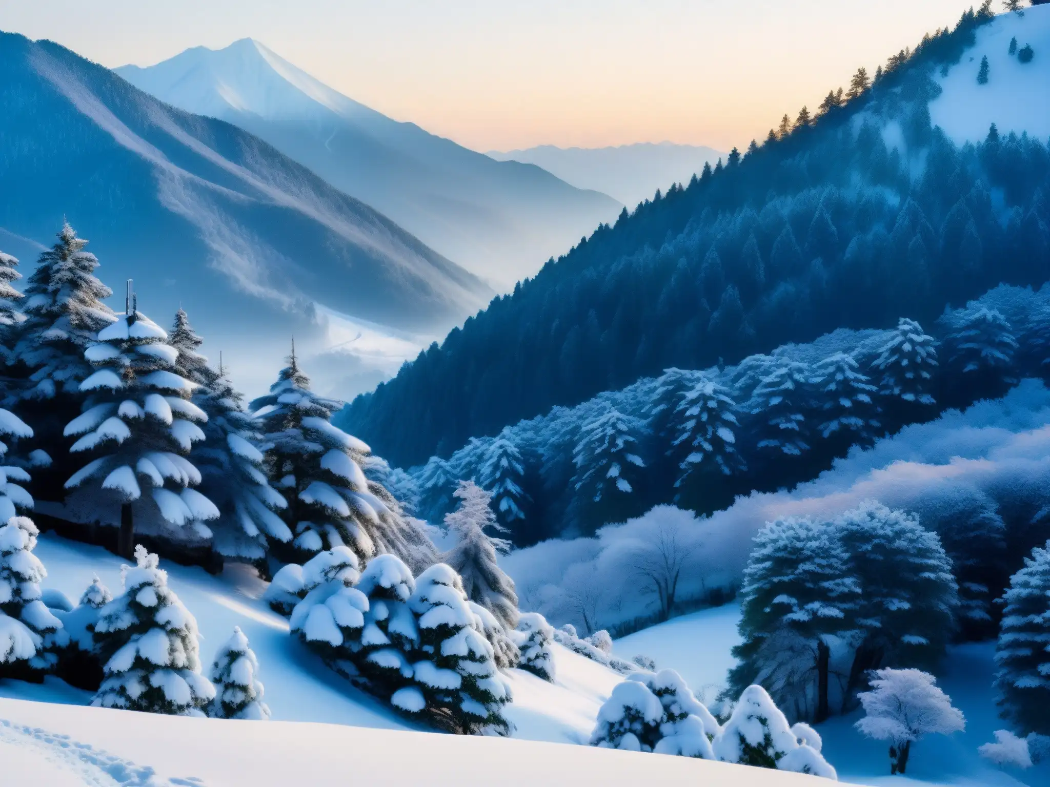 Imagen impresionante de un paisaje nevado en las montañas de Japón, evocando la mística leyenda japonesa de Yukionna