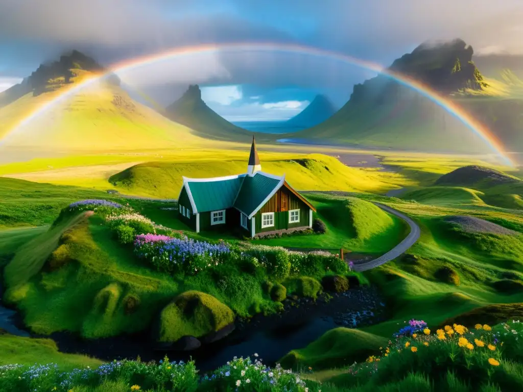 Imagen impresionante de la mística Islandia, con valles verdes, montañas imponentes y un arco iris vibrante en el cielo