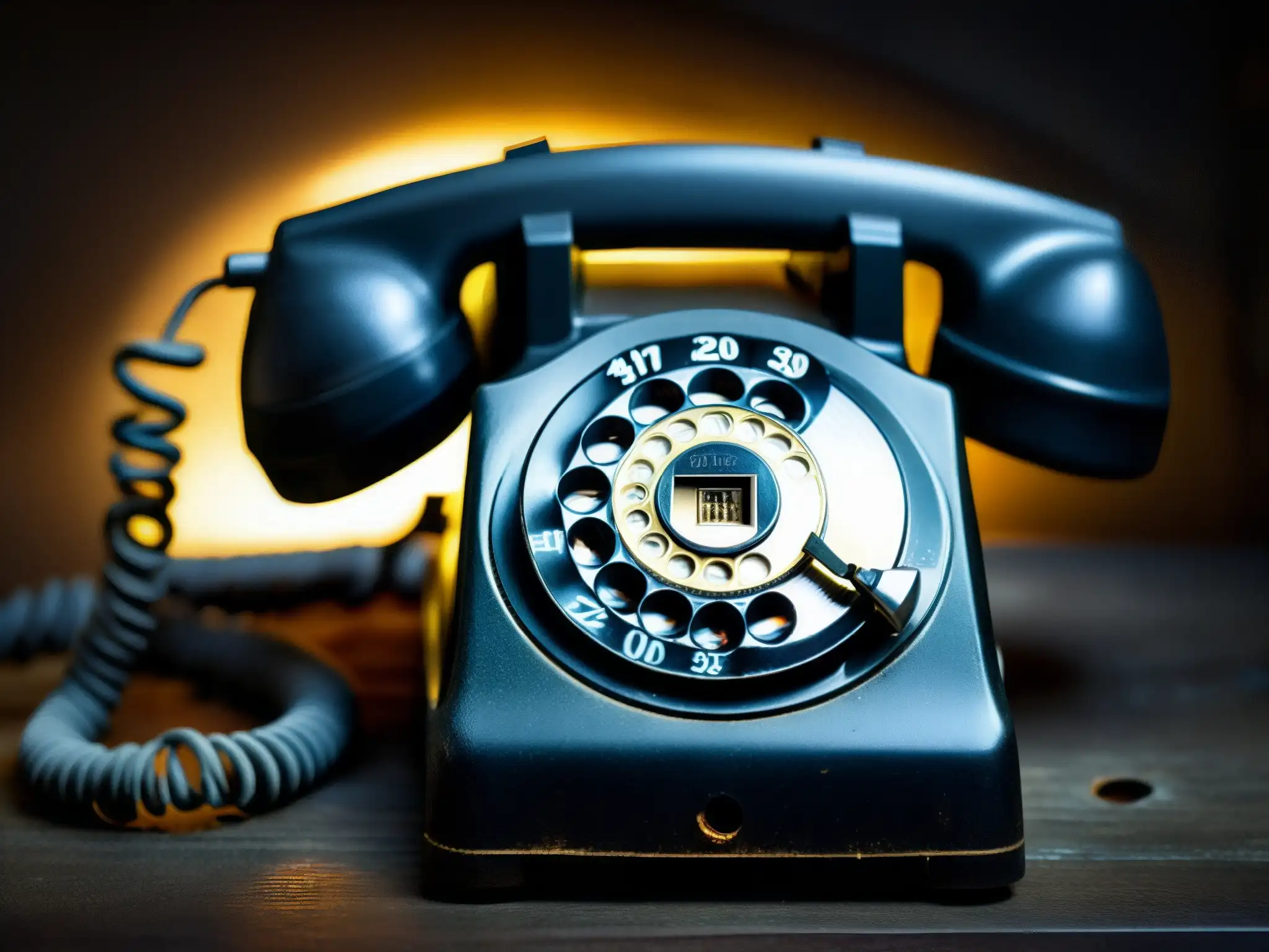 Una imagen inquietante de un antiguo teléfono rotativo desgastado, con números apenas visibles