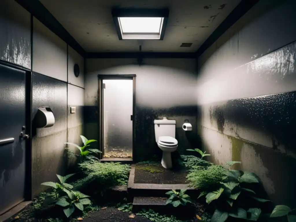 Una imagen inquietante de un baño público japonés abandonado de noche, con neblina y una luz misteriosa