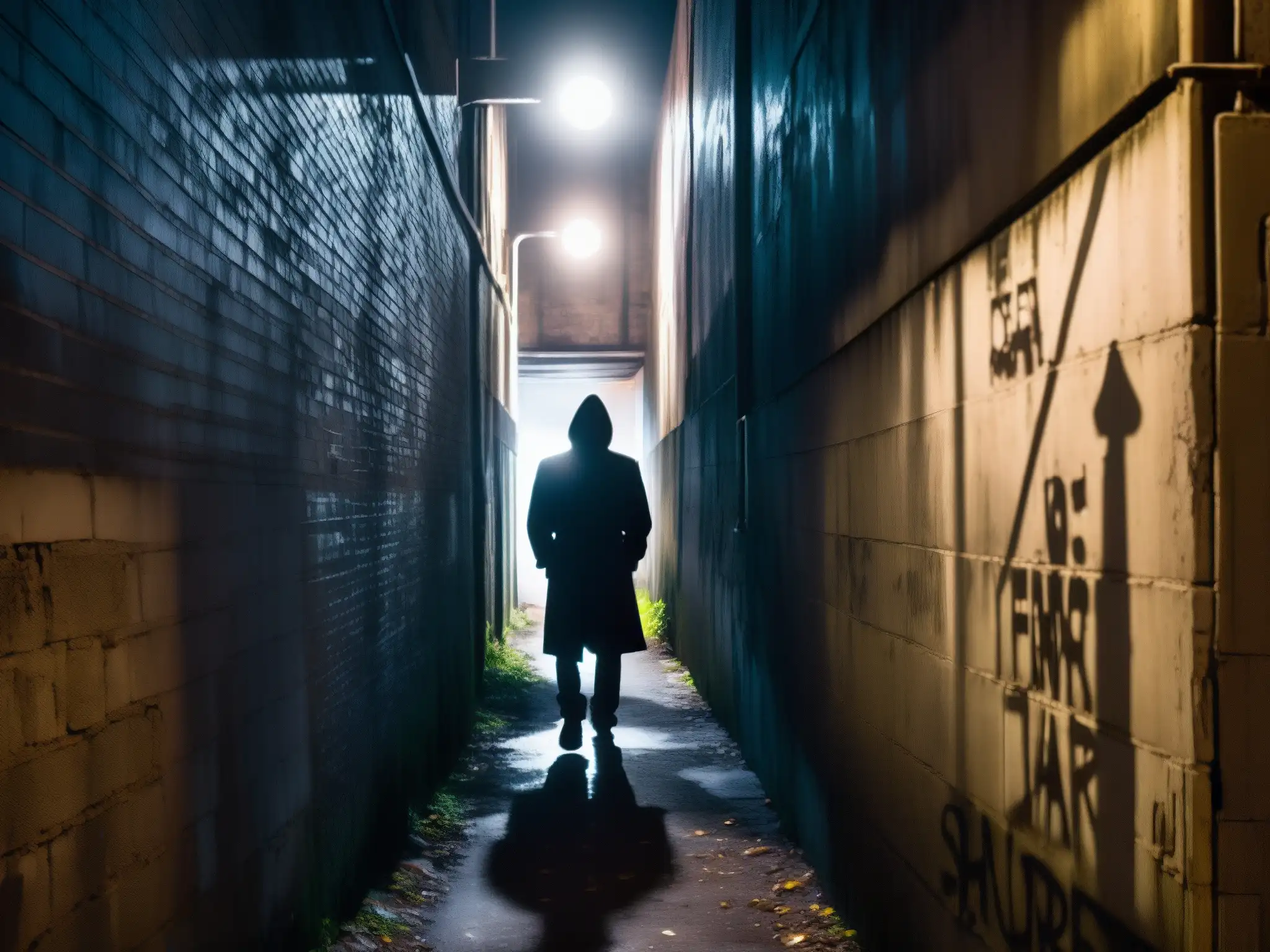 Una imagen inquietante de un callejón abandonado, con grafitis y una única farola parpadeante que proyecta sombras inquietantes
