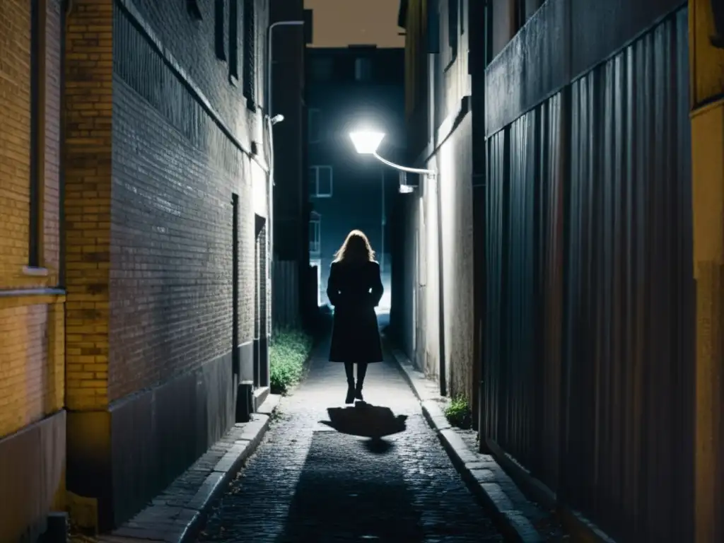 Una imagen inquietante de un callejón desolado de noche, con una figura susurrando a una sombra