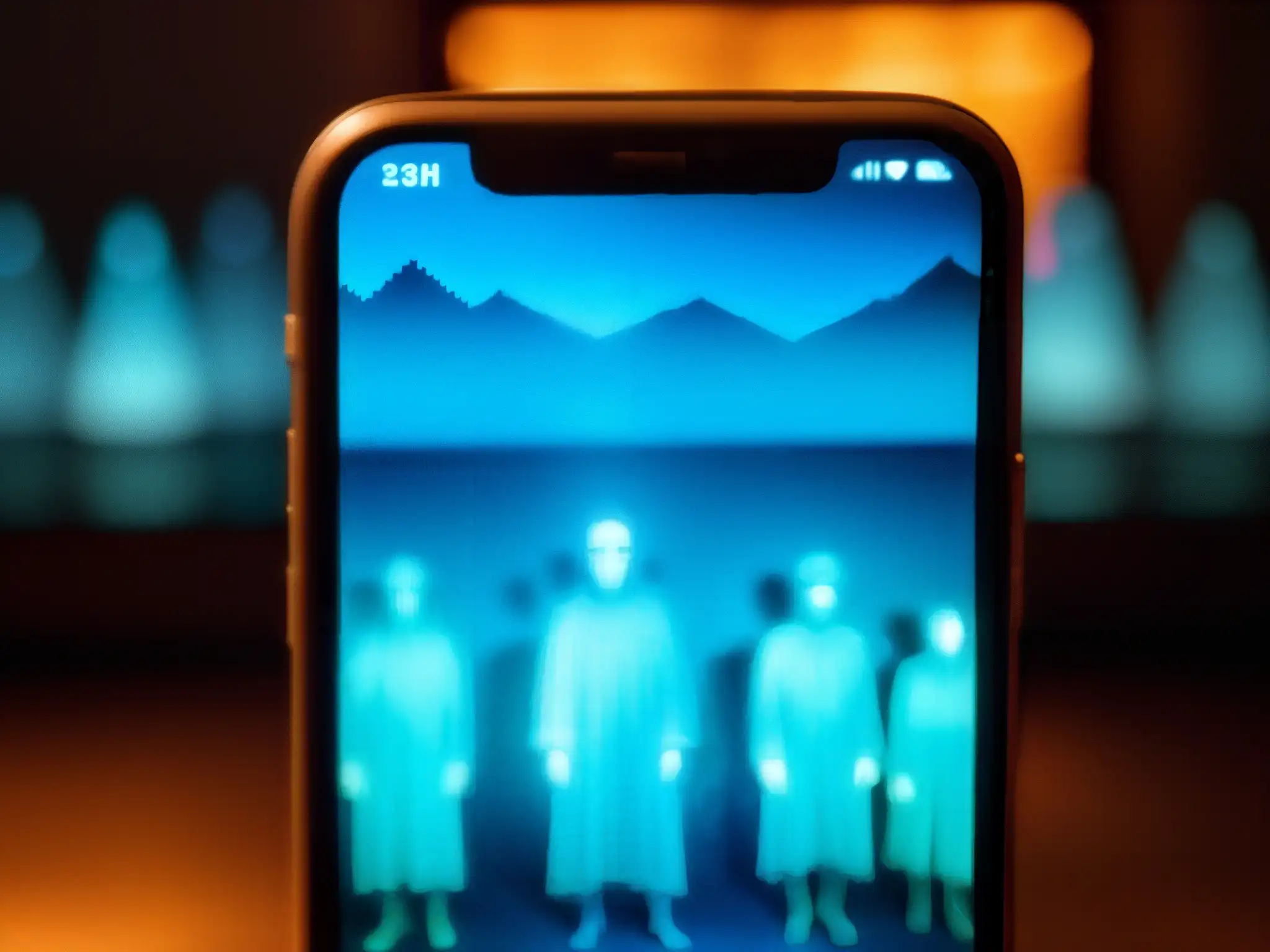 Imagen inquietante de fenómenos paranormales en dispositivos electrónicos: figuras fantasmales y distorsiones en pantalla de smartphone agrietada